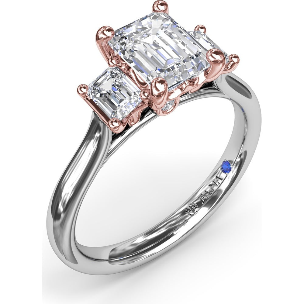 Three-Stone Emerald-Cut Engagement Ring Setting with Tapered Band and Blue Sapphire Accent by Fana