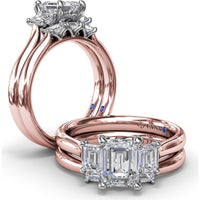 Three-Stone Emerald-Cut Engagement Ring Setting with Tapered Band and Blue Sapphire Accent by Fana