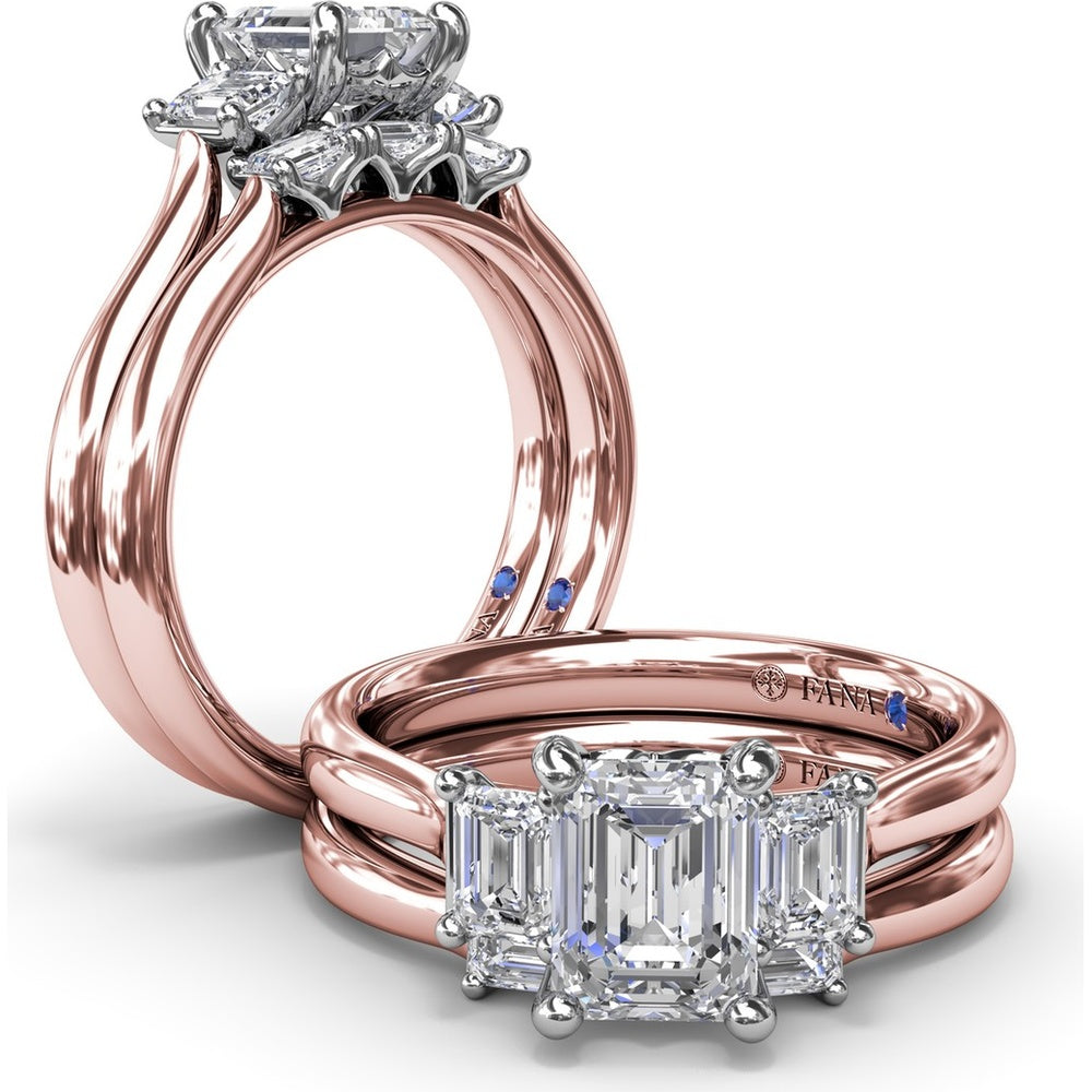 Three-Stone Emerald-Cut Engagement Ring Setting with Tapered Band and Blue Sapphire Accent by Fana