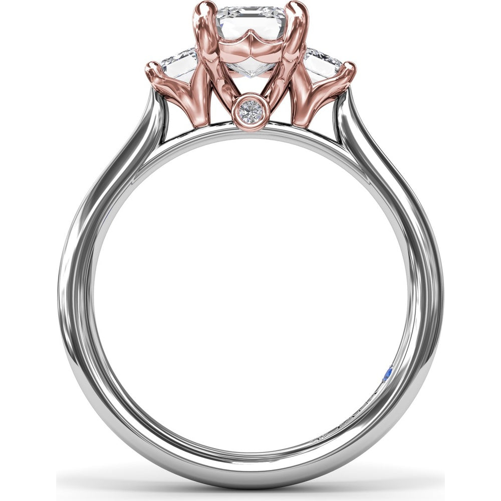 Three-Stone Emerald-Cut Engagement Ring Setting with Tapered Band and Blue Sapphire Accent by Fana