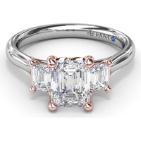 Three-Stone Emerald-Cut Engagement Ring Setting with Tapered Band and Blue Sapphire Accent by Fana