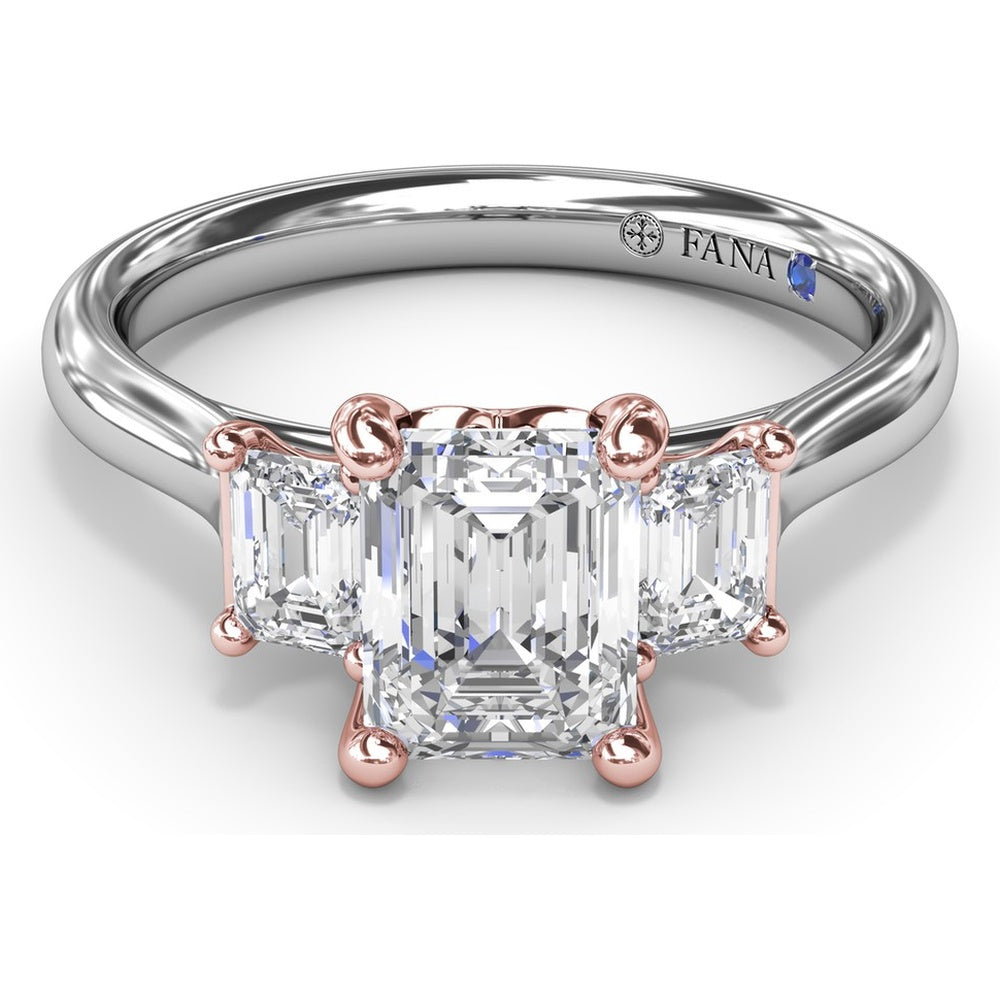 Three-Stone Emerald-Cut Engagement Ring Setting with Tapered Band and Blue Sapphire Accent by Fana