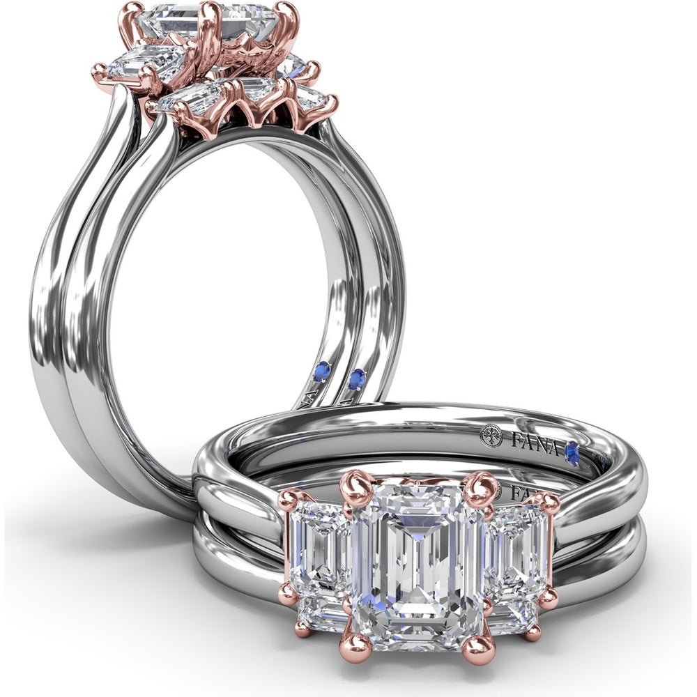 Three-Stone Emerald-Cut Engagement Ring Setting with Tapered Band and Blue Sapphire Accent by Fana