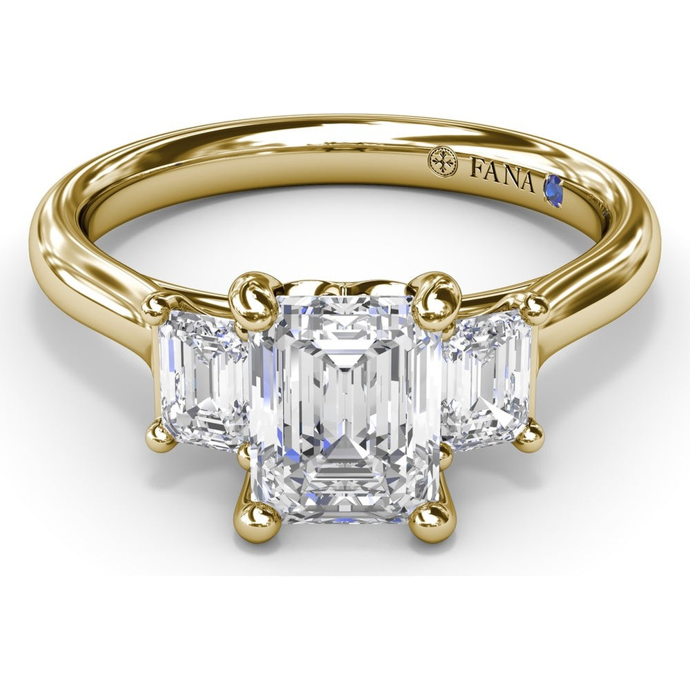 Three-Stone Emerald-Cut Engagement Ring Setting with Tapered Band and Blue Sapphire Accent by Fana
