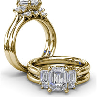 Three-Stone Emerald-Cut Engagement Ring Setting with Tapered Band and Blue Sapphire Accent by Fana