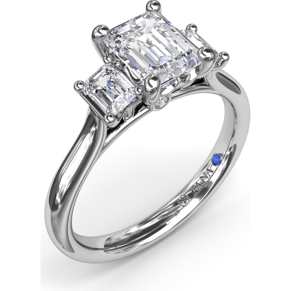 Three-Stone Emerald-Cut Engagement Ring Setting with Tapered Band and Blue Sapphire Accent by Fana