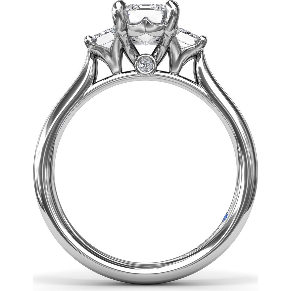 Three-Stone Emerald-Cut Engagement Ring Setting with Tapered Band and Blue Sapphire Accent by Fana