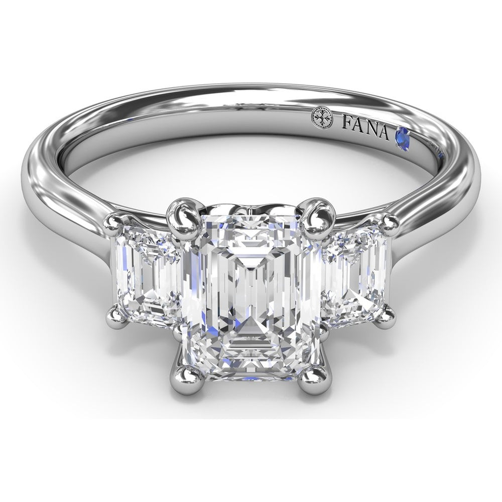 Three-Stone Emerald-Cut Engagement Ring Setting with Tapered Band and Blue Sapphire Accent by Fana