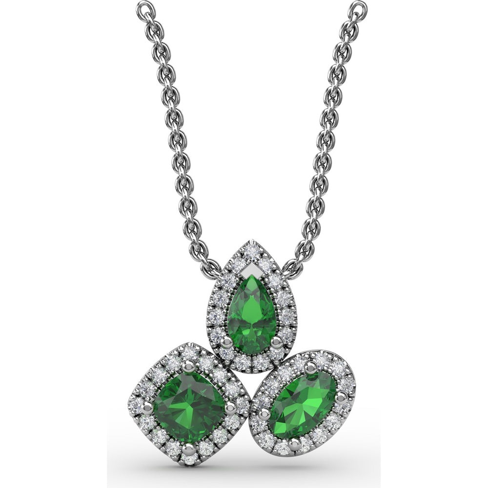 Three-Stone Emerald Pendant with Pear, Cushion, and Oval Cut Stones Surrounded by Pavé Diamonds by Fana - 0.83 Carat Total Gemstone Weight