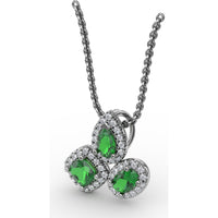 Three-Stone Emerald Pendant with Pear, Cushion, and Oval Cut Stones Surrounded by Pavé Diamonds by Fana - 0.83 Carat Total Gemstone Weight