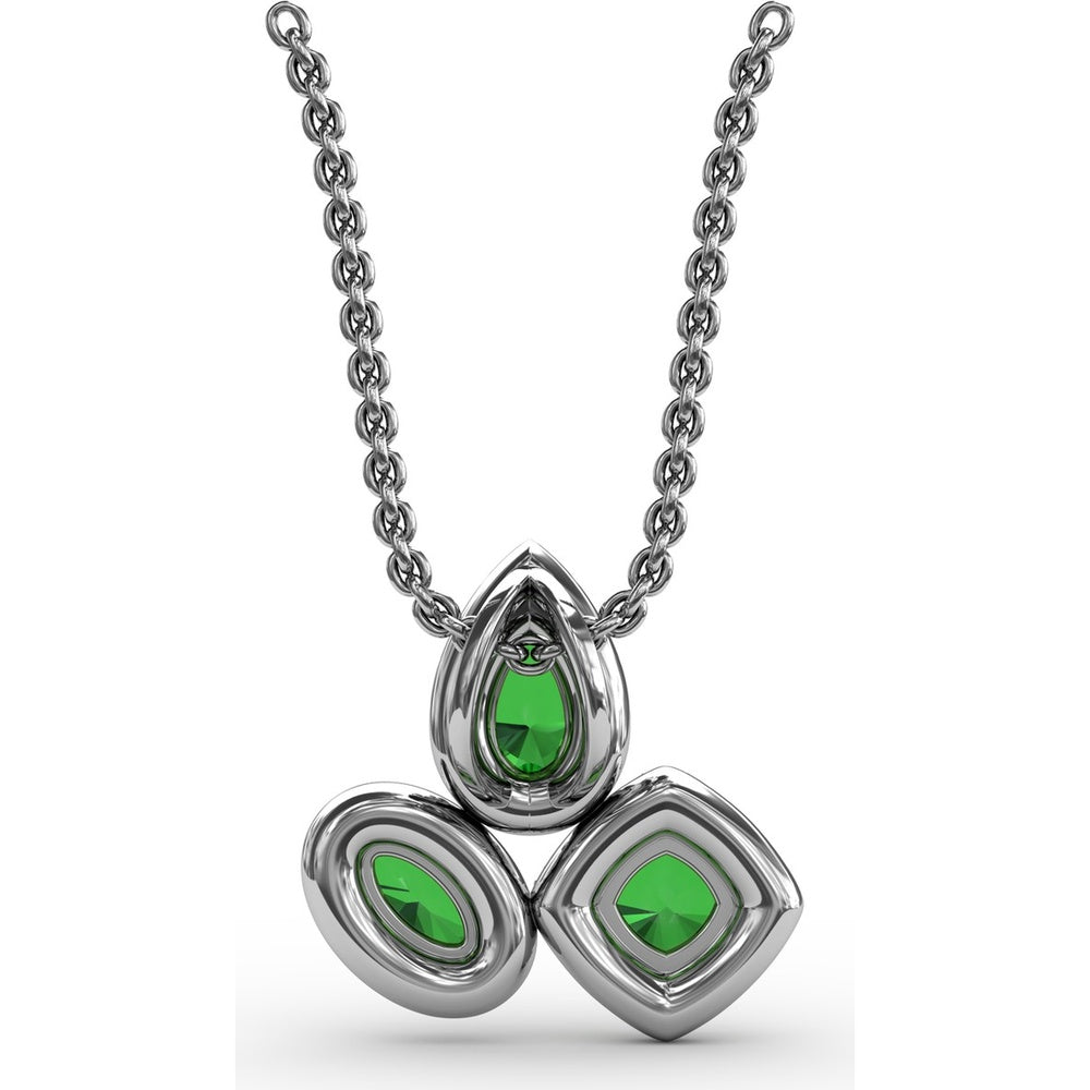Three-Stone Emerald Pendant with Pear, Cushion, and Oval Cut Stones Surrounded by Pavé Diamonds by Fana - 0.83 Carat Total Gemstone Weight