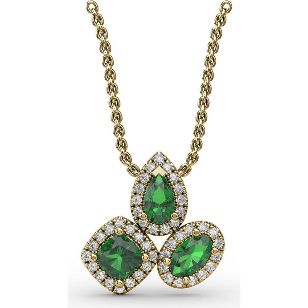 Three-Stone Emerald Pendant with Pear, Cushion, and Oval Cut Stones Surrounded by Pavé Diamonds by Fana - 0.83 Carat Total Gemstone Weight