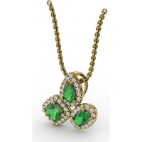 Three-Stone Emerald Pendant with Pear, Cushion, and Oval Cut Stones Surrounded by Pavé Diamonds by Fana - 0.83 Carat Total Gemstone Weight