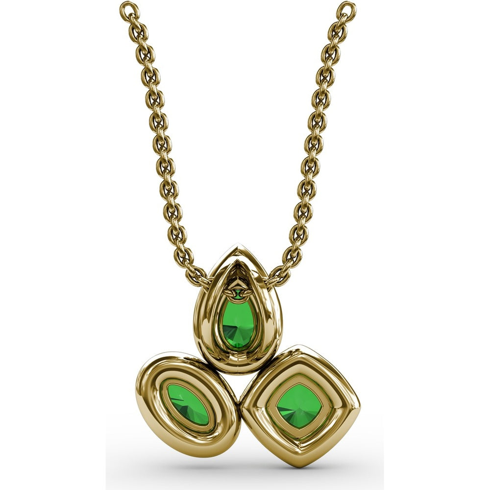 Three-Stone Emerald Pendant with Pear, Cushion, and Oval Cut Stones Surrounded by Pavé Diamonds by Fana - 0.83 Carat Total Gemstone Weight