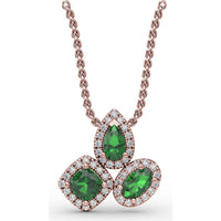 Three-Stone Emerald Pendant with Pear, Cushion, and Oval Cut Stones Surrounded by Pavé Diamonds by Fana - 0.83 Carat Total Gemstone Weight