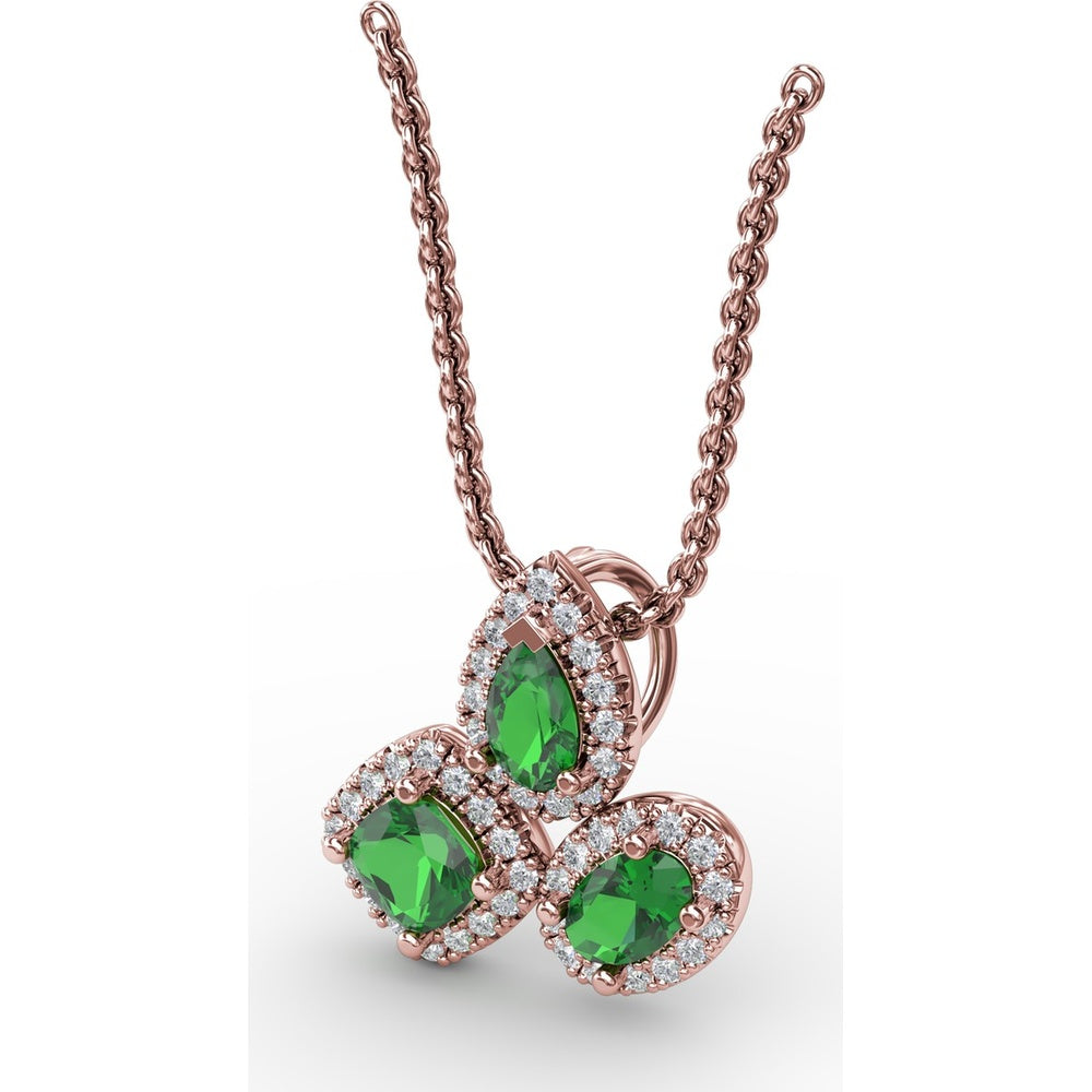 Three-Stone Emerald Pendant with Pear, Cushion, and Oval Cut Stones Surrounded by Pavé Diamonds by Fana - 0.83 Carat Total Gemstone Weight