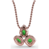 Three-Stone Emerald Pendant with Pear, Cushion, and Oval Cut Stones Surrounded by Pavé Diamonds by Fana - 0.83 Carat Total Gemstone Weight
