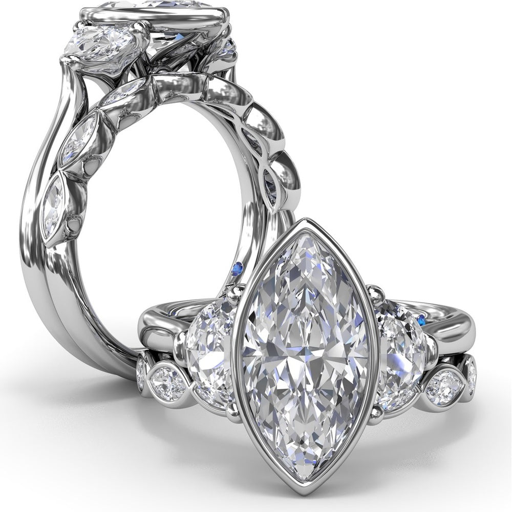 Three Stone Engagement Ring Setting with Bezel Set Marquise Center and Half-Moon Side Diamonds by Fana