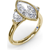Three Stone Engagement Ring Setting with Bezel Set Marquise Center and Half-Moon Side Diamonds by Fana