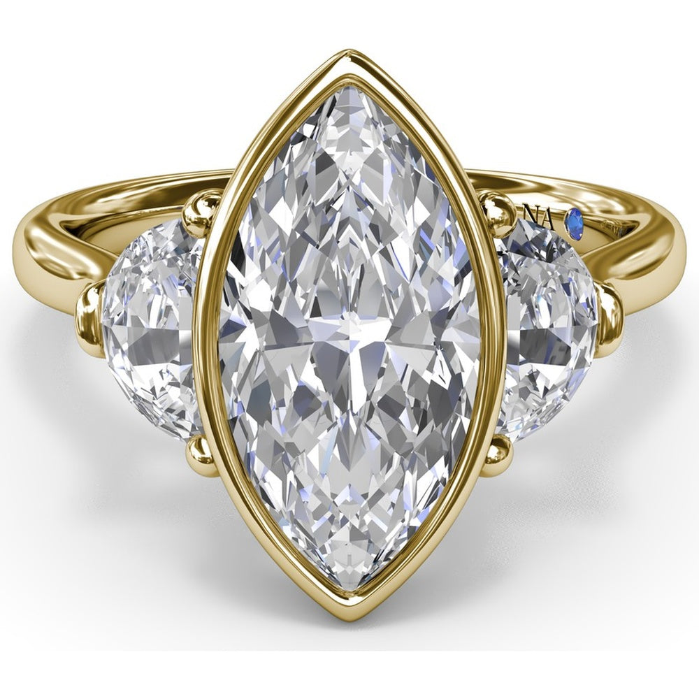 Three Stone Engagement Ring Setting with Bezel Set Marquise Center and Half-Moon Side Diamonds by Fana