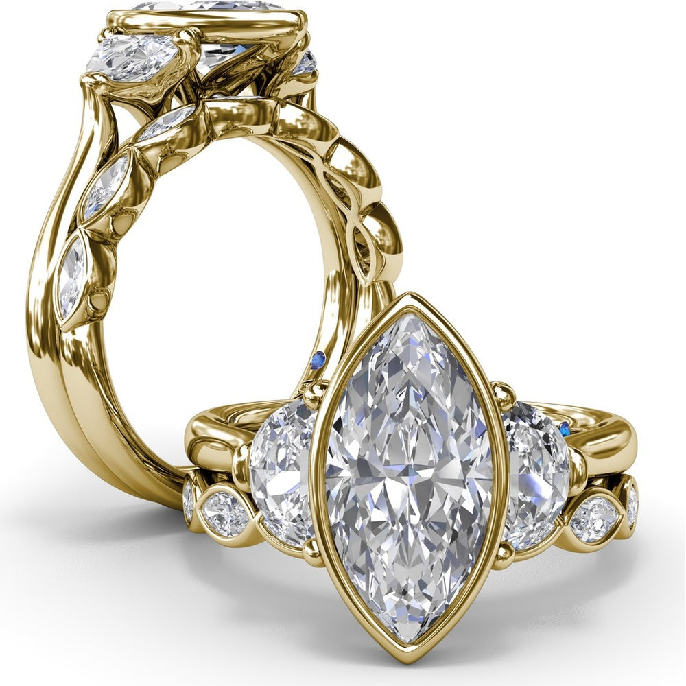 Three Stone Engagement Ring Setting with Bezel Set Marquise Center and Half-Moon Side Diamonds by Fana