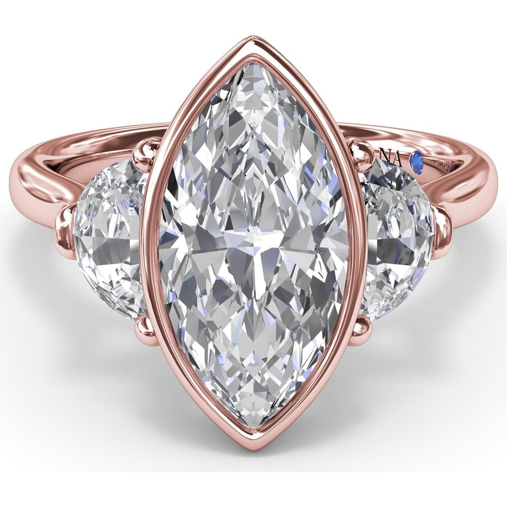Three Stone Engagement Ring Setting with Bezel Set Marquise Center and Half-Moon Side Diamonds by Fana