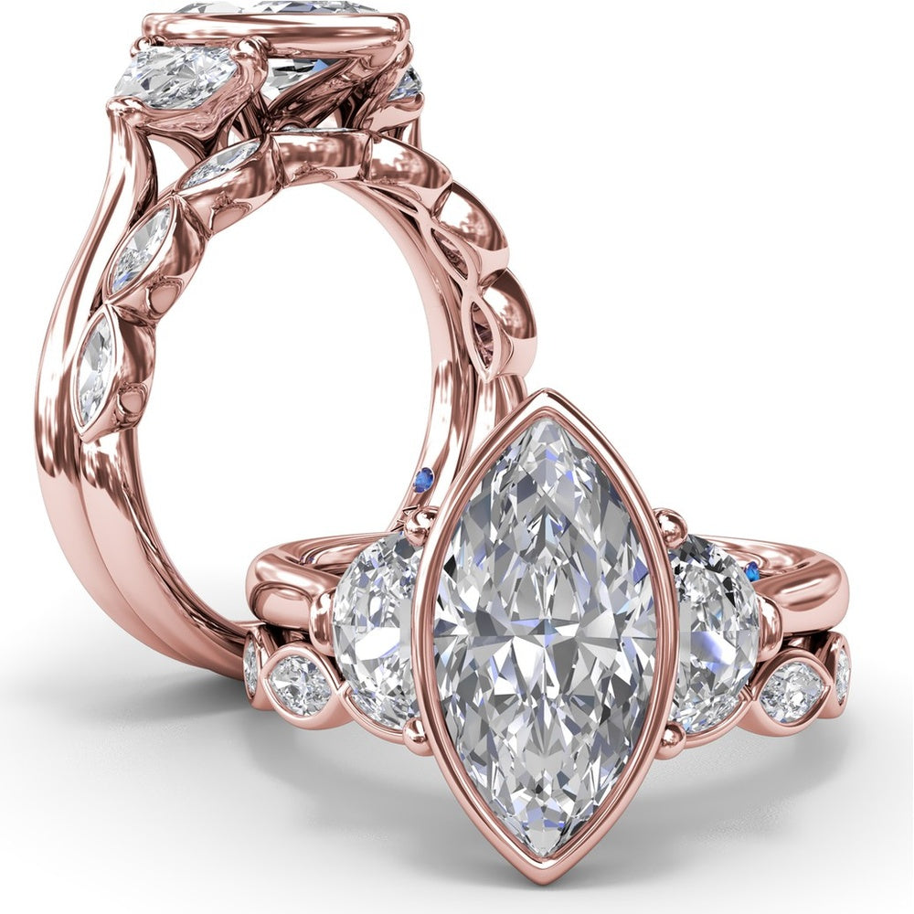 Three Stone Engagement Ring Setting with Bezel Set Marquise Center and Half-Moon Side Diamonds by Fana