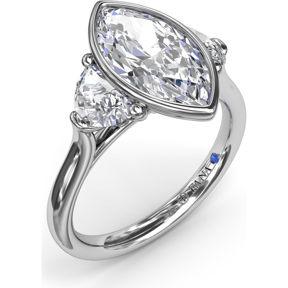 Three Stone Engagement Ring Setting with Bezel Set Marquise Center and Half-Moon Side Diamonds by Fana