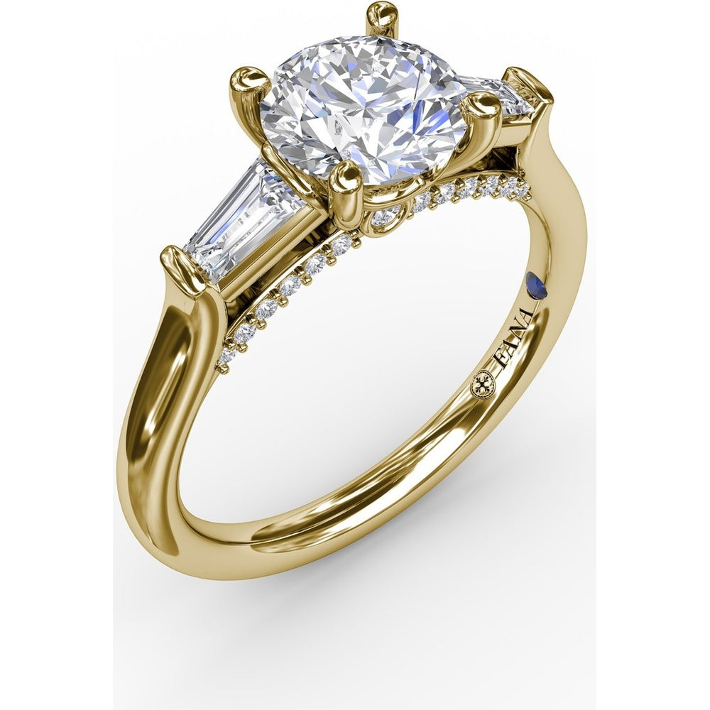Three-Stone Engagement Ring Setting with Bezel-Set Tapered Baguette Diamonds - 0.35 Carat Total Side Stone Weight by Fana