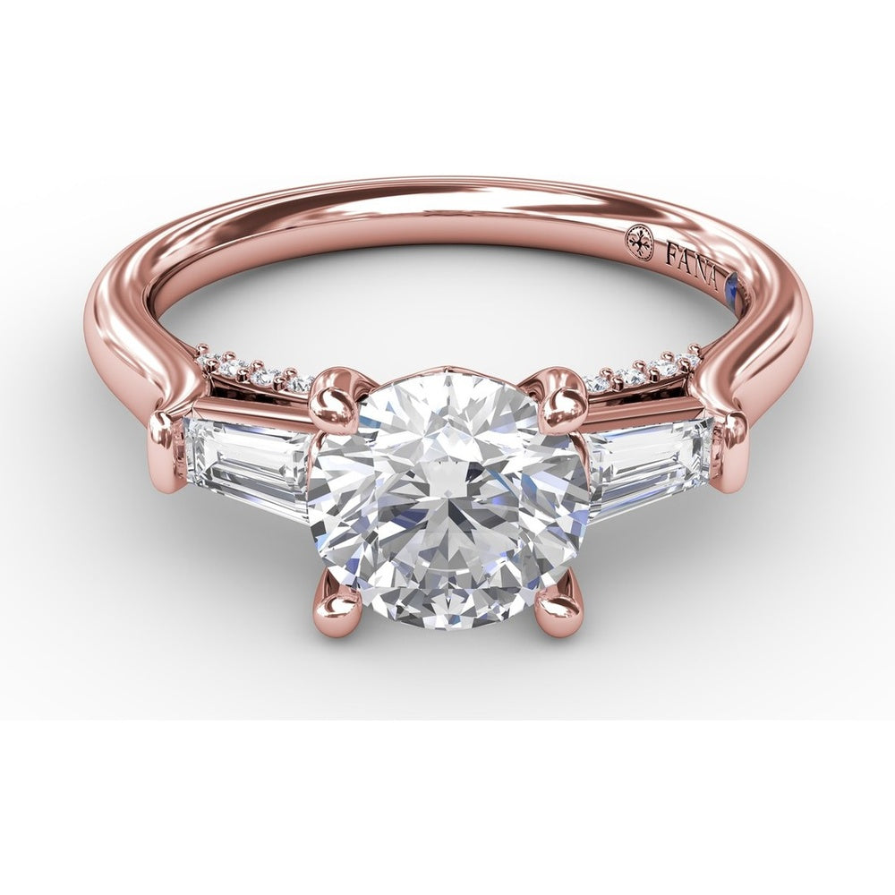 Three-Stone Engagement Ring Setting with Bezel-Set Tapered Baguette Diamonds - 0.35 Carat Total Side Stone Weight by Fana