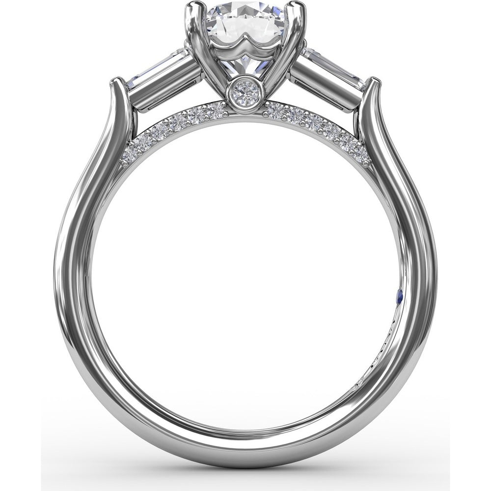 Three-Stone Engagement Ring Setting with Bezel-Set Tapered Baguette Diamonds - 0.35 Carat Total Side Stone Weight by Fana