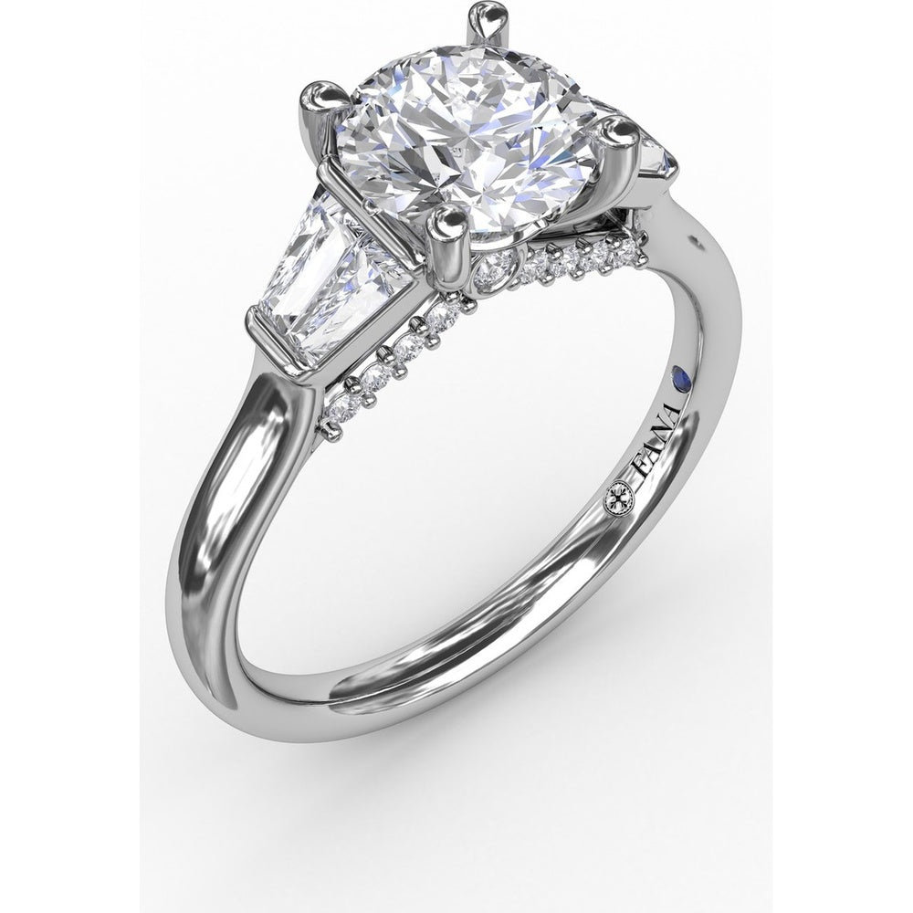 Three-Stone Engagement Ring Setting with Bezel-Set Tapered Baguette Diamonds and Pavé Gallery by Fana - 0.58 Carat Total Diamond Weight