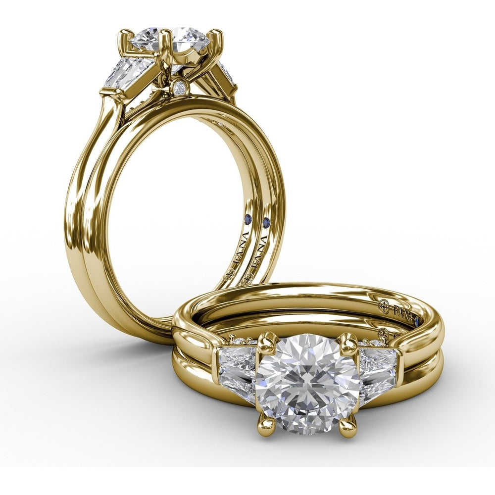 Three-Stone Engagement Ring Setting with Bezel-Set Tapered Baguette Diamonds and Pavé Gallery by Fana - 0.58 Carat Total Diamond Weight