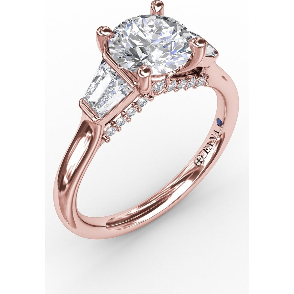Three-Stone Engagement Ring Setting with Bezel-Set Tapered Baguette Diamonds and Pavé Gallery by Fana - 0.58 Carat Total Diamond Weight