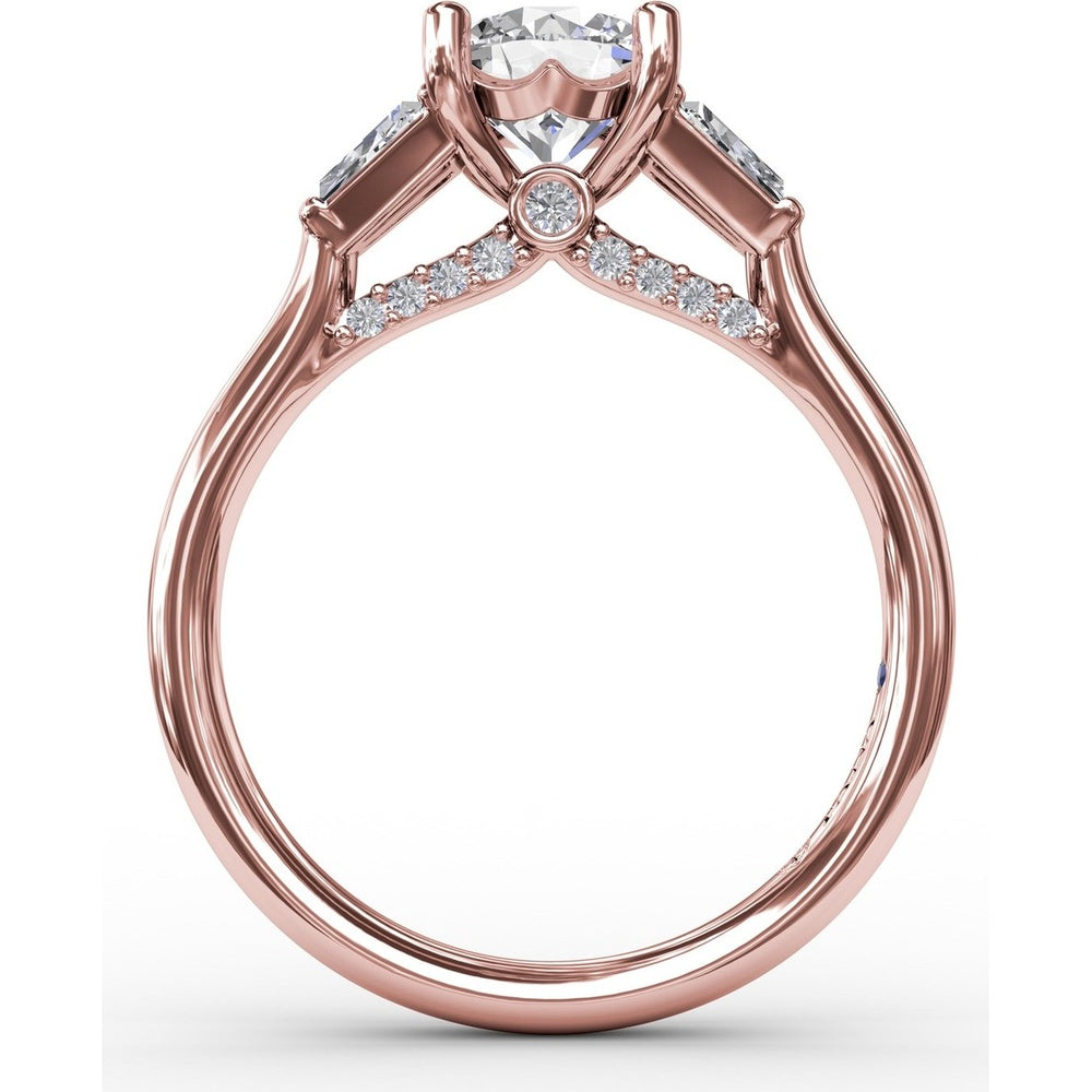 Three-Stone Engagement Ring Setting with Bezel-Set Tapered Baguette Diamonds and Pavé Gallery by Fana - 0.58 Carat Total Diamond Weight