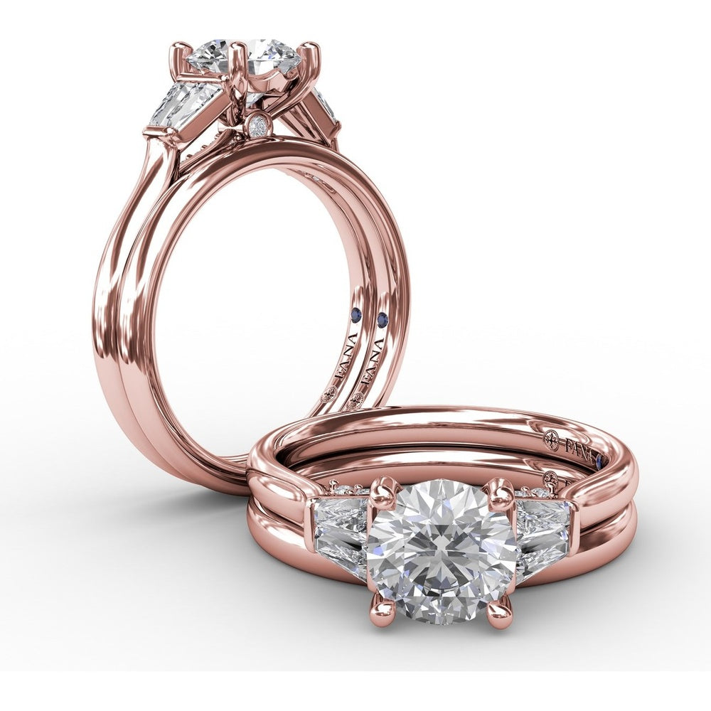 Three-Stone Engagement Ring Setting with Bezel-Set Tapered Baguette Diamonds and Pavé Gallery by Fana - 0.58 Carat Total Diamond Weight