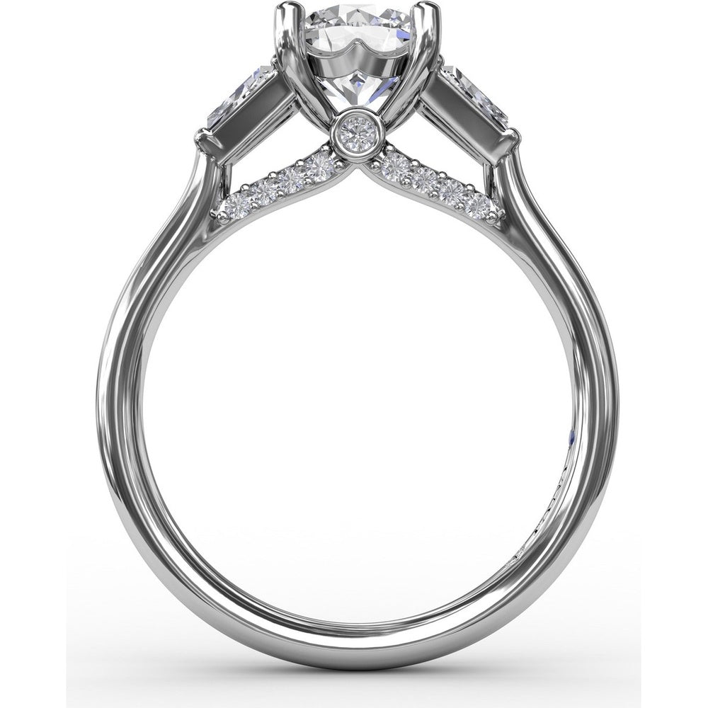 Three-Stone Engagement Ring Setting with Bezel-Set Tapered Baguette Diamonds and Pavé Gallery by Fana - 0.58 Carat Total Diamond Weight