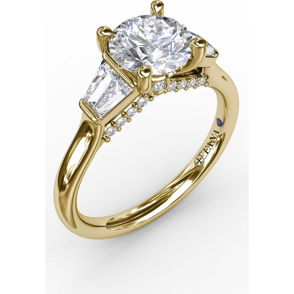 Three-Stone Engagement Ring Setting with Bezel-Set Tapered Baguette Diamonds and Pavé Gallery by Fana - 0.58 Carat Total Diamond Weight