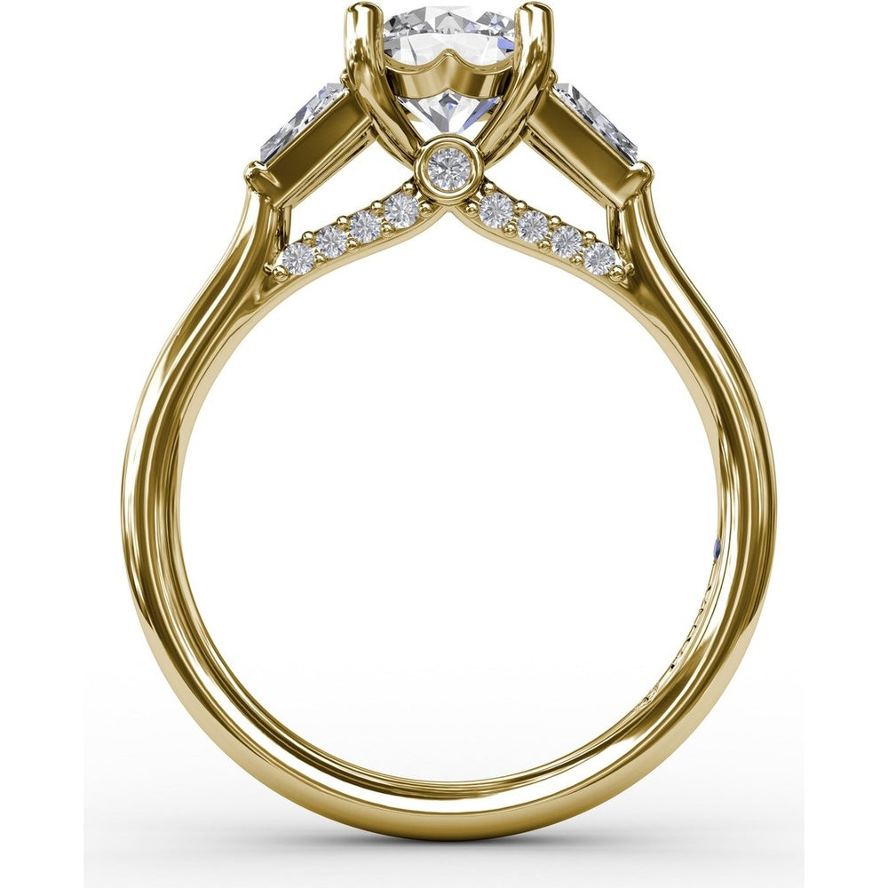 Three-Stone Engagement Ring Setting with Bezel-Set Tapered Baguette Diamonds and Pavé Gallery by Fana - 0.58 Carat Total Diamond Weight