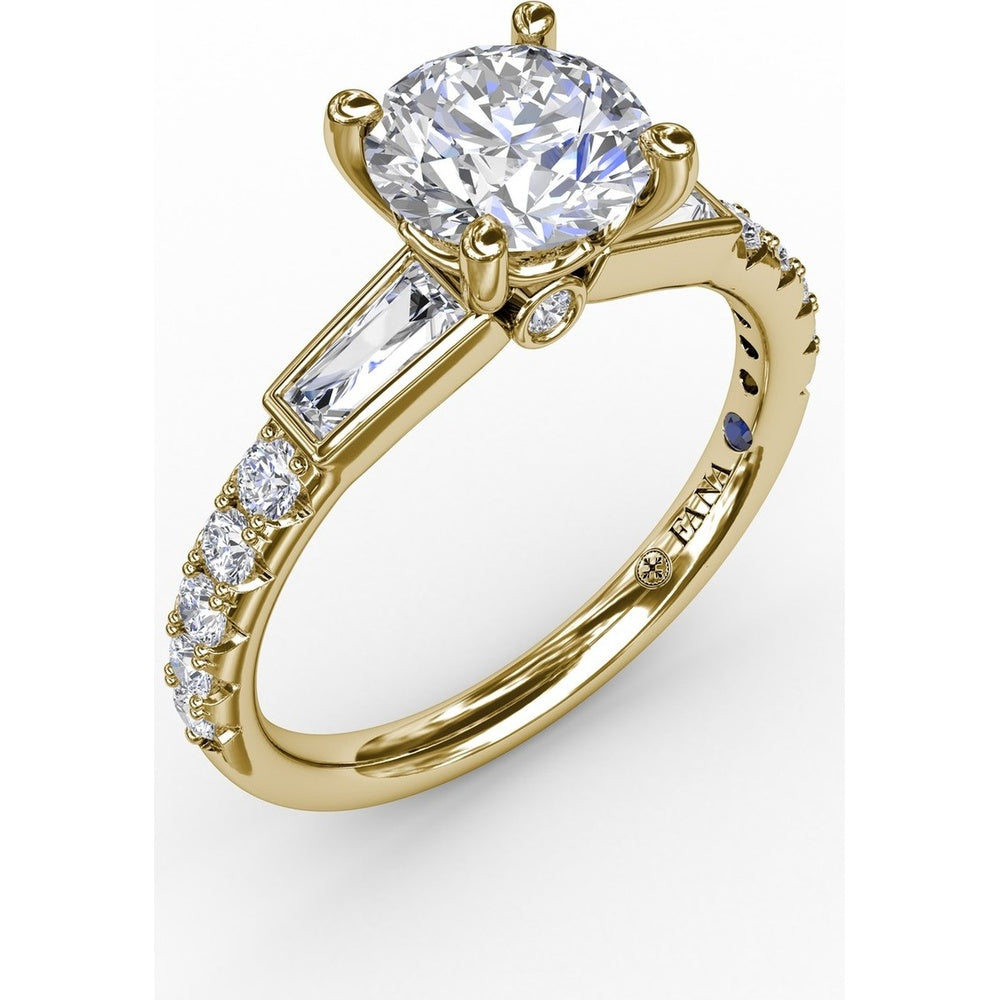 Three-Stone Engagement Ring Setting with Bezel-Set Tapered Baguettes and Pavé Diamond Band - 0.60 Carat Total Side Stone Weight by Fana