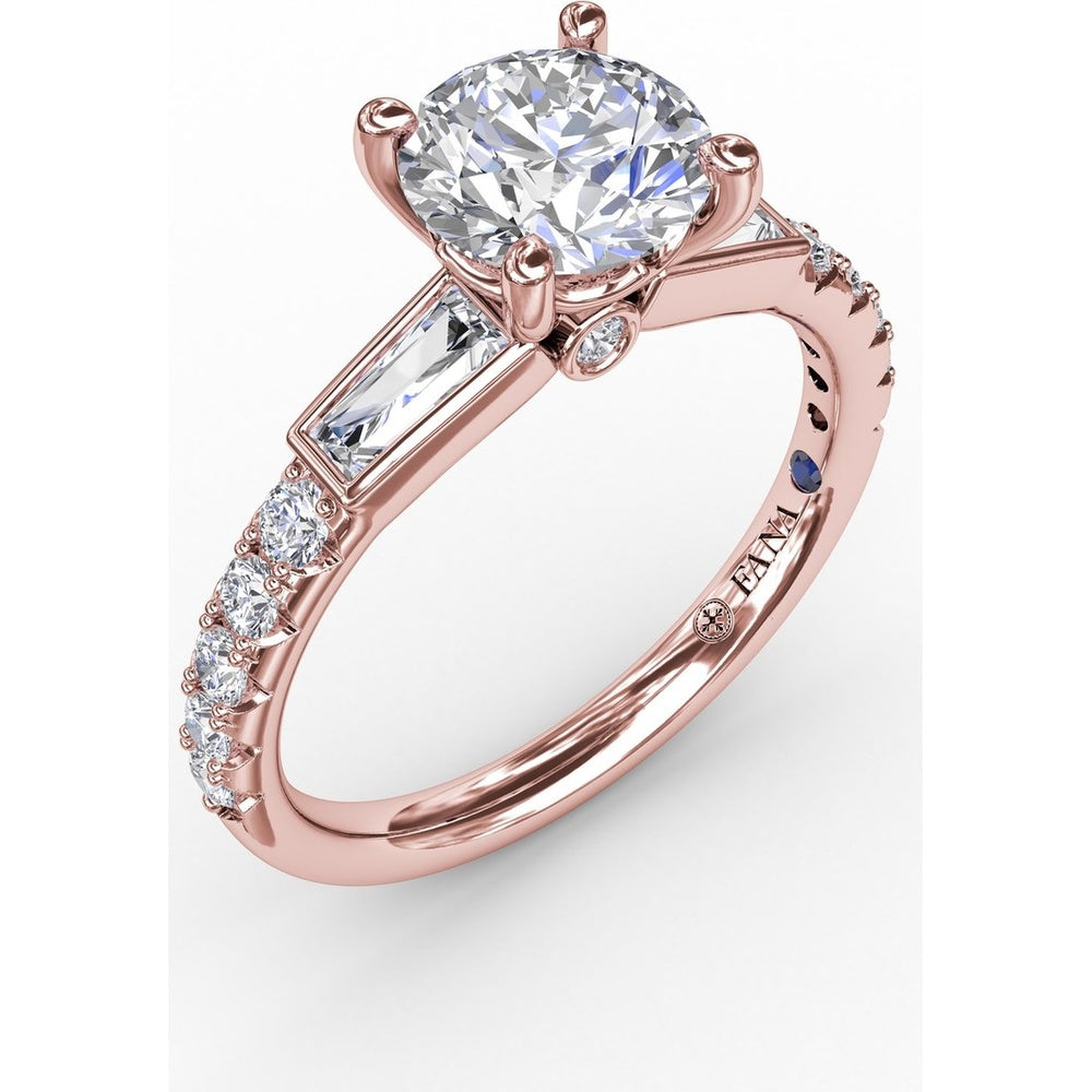 Three-Stone Engagement Ring Setting with Bezel-Set Tapered Baguettes and Pavé Diamond Band - 0.60 Carat Total Side Stone Weight by Fana