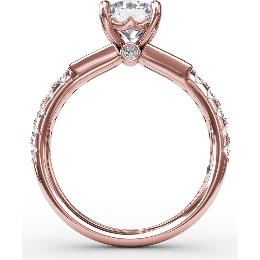 Three-Stone Engagement Ring Setting with Bezel-Set Tapered Baguettes and Pavé Diamond Band - 0.60 Carat Total Side Stone Weight by Fana