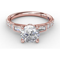 Three-Stone Engagement Ring Setting with Bezel-Set Tapered Baguettes and Pavé Diamond Band - 0.60 Carat Total Side Stone Weight by Fana