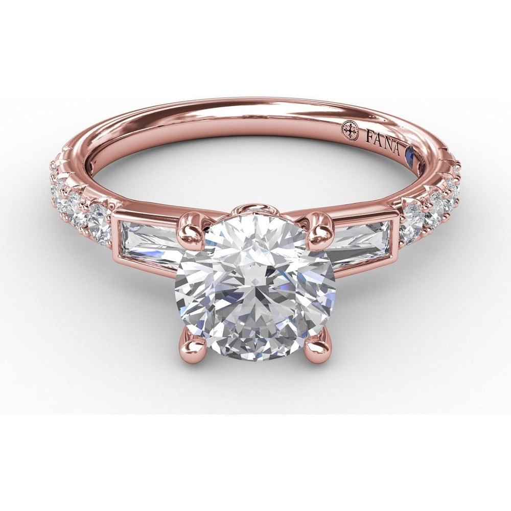 Three-Stone Engagement Ring Setting with Bezel-Set Tapered Baguettes and Pavé Diamond Band - 0.60 Carat Total Side Stone Weight by Fana