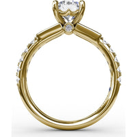 Three-Stone Engagement Ring Setting with Bezel-Set Tapered Baguettes and Pavé Diamond Band - 0.60 Carat Total Side Stone Weight by Fana