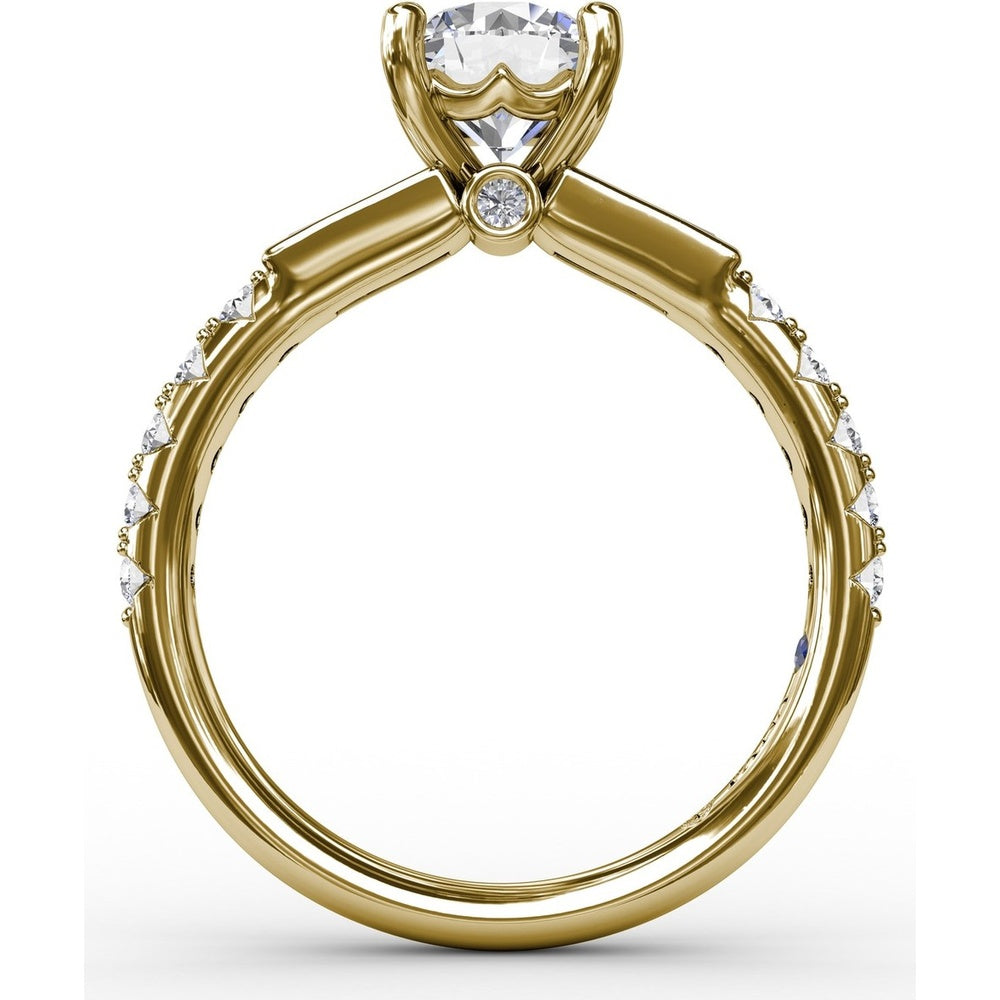 Three-Stone Engagement Ring Setting with Bezel-Set Tapered Baguettes and Pavé Diamond Band - 0.60 Carat Total Side Stone Weight by Fana
