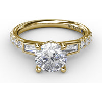 Three-Stone Engagement Ring Setting with Bezel-Set Tapered Baguettes and Pavé Diamond Band - 0.60 Carat Total Side Stone Weight by Fana