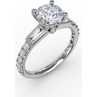 Three-Stone Engagement Ring Setting with Bezel-Set Tapered Baguettes and Pavé Diamond Band - 0.60 Carat Total Side Stone Weight by Fana