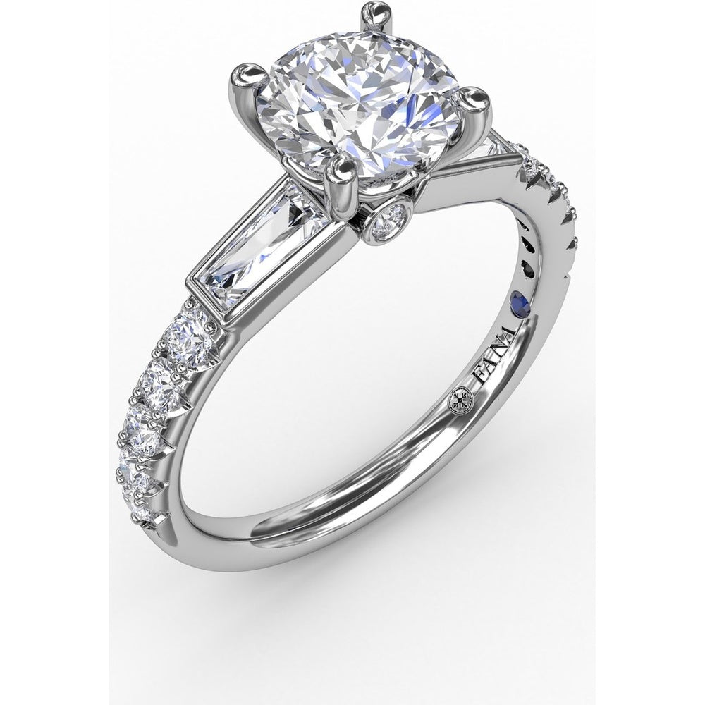 Three-Stone Engagement Ring Setting with Bezel-Set Tapered Baguettes and Pavé Diamond Band - 0.60 Carat Total Side Stone Weight by Fana
