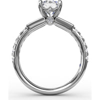 Three-Stone Engagement Ring Setting with Bezel-Set Tapered Baguettes and Pavé Diamond Band - 0.60 Carat Total Side Stone Weight by Fana